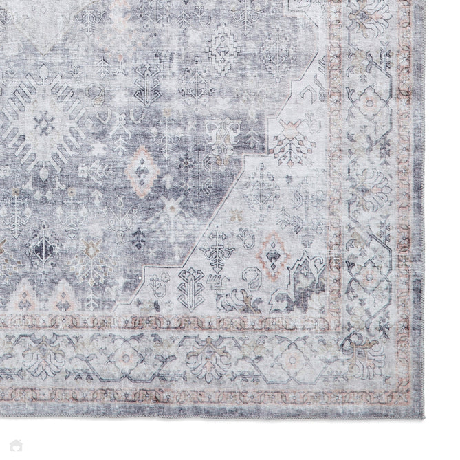 Washable Tabriz H1156 Traditional Vintage Distressed Medallion Border Textured Lightweight Printed Polyester Flatweave Grey Rug-Think Rugs-Rug Love - The Most Loved Rug Store