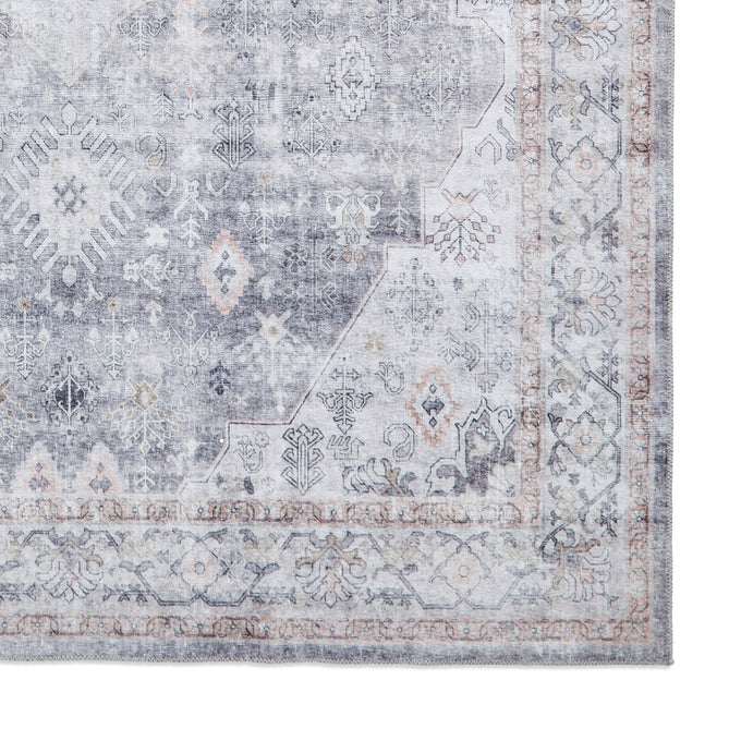 Washable Tabriz H1156 Traditional Vintage Distressed Medallion Border Textured Lightweight Printed Polyester Flatweave Grey Rug-Think Rugs-Rug Love - The Most Loved Rug Store