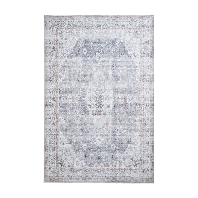 Washable Tabriz H1156 Traditional Vintage Distressed Medallion Border Textured Lightweight Printed Polyester Flatweave Grey Rug-Think Rugs-Rug Love - The Most Loved Rug Store