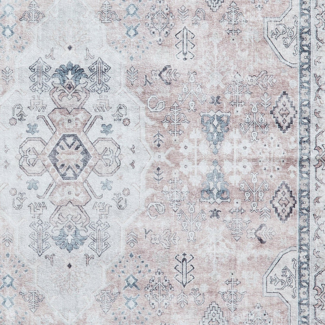 Washable Tabriz H1156 Traditional Vintage Distressed Medallion Border Textured Lightweight Printed Polyester Flatweave Rose Pink Rug-Think Rugs-Rug Love - The Most Loved Rug Store