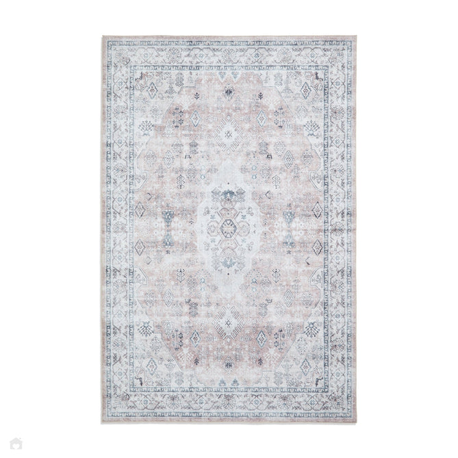 Washable Tabriz H1156 Traditional Vintage Distressed Medallion Border Textured Lightweight Printed Polyester Flatweave Rose Pink Rug-Think Rugs-Rug Love - The Most Loved Rug Store