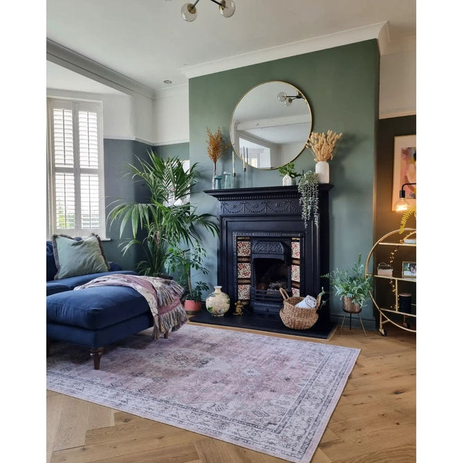 Washable Tabriz H1156 Traditional Vintage Distressed Medallion Border Textured Lightweight Printed Polyester Flatweave Rose Pink Rug-Think Rugs-Rug Love - The Most Loved Rug Store