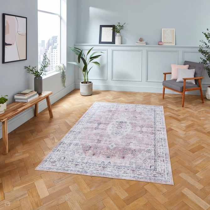 Washable Tabriz H1156 Traditional Vintage Distressed Medallion Border Textured Lightweight Printed Polyester Flatweave Rose Pink Rug-Think Rugs-Rug Love - The Most Loved Rug Store