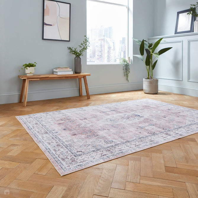 Washable Tabriz H1156 Traditional Vintage Distressed Medallion Border Textured Lightweight Printed Polyester Flatweave Rose Pink Rug-Think Rugs-Rug Love - The Most Loved Rug Store