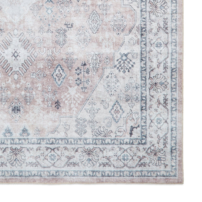 Washable Tabriz H1156 Traditional Vintage Distressed Medallion Border Textured Lightweight Printed Polyester Flatweave Rose Pink Rug-Think Rugs-Rug Love - The Most Loved Rug Store