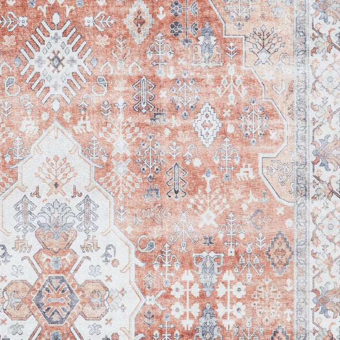 Washable Tabriz H1156 Traditional Vintage Distressed Medallion Border Textured Lightweight Printed Polyester Flatweave Terracotta Rug-Think Rugs-Rug Love - The Most Loved Rug Store