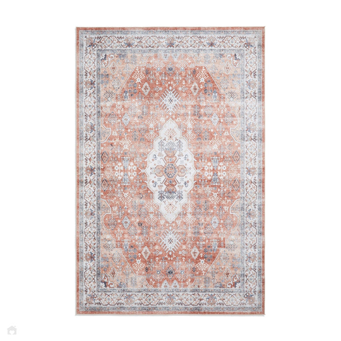 Washable Tabriz H1156 Traditional Vintage Distressed Medallion Border Textured Lightweight Printed Polyester Flatweave Terracotta Rug-Think Rugs-Rug Love - The Most Loved Rug Store