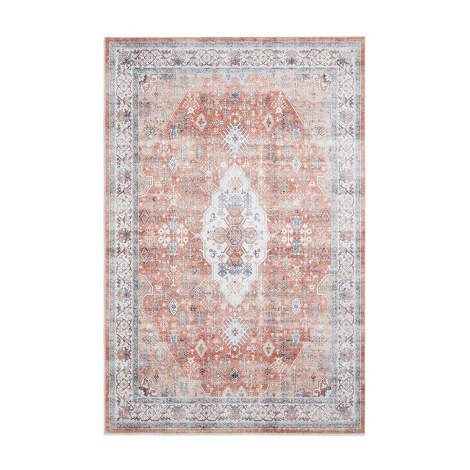 Washable Tabriz H1156 Traditional Vintage Distressed Medallion Border Textured Lightweight Printed Polyester Flatweave Terracotta Rug-Think Rugs-Rug Love - The Most Loved Rug Store