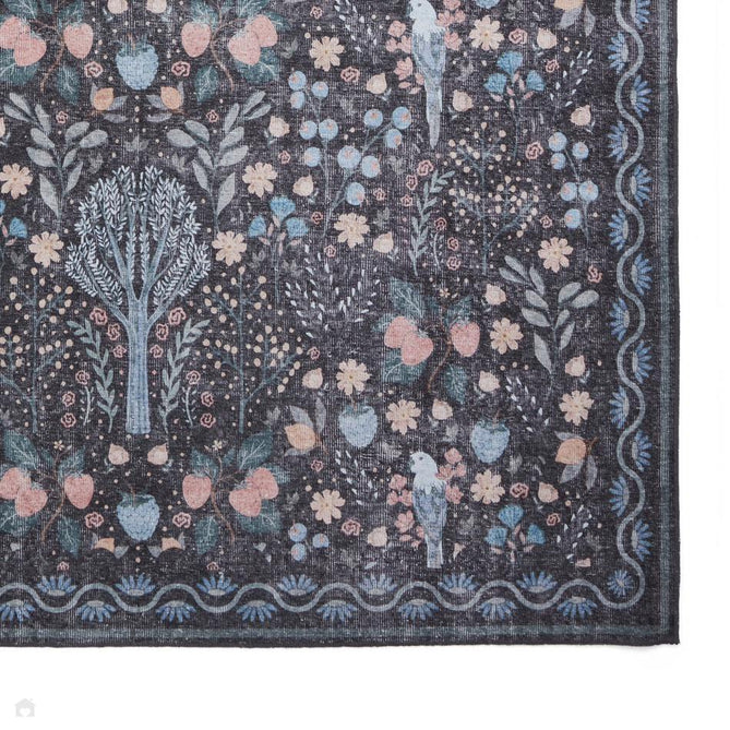 Washable Versailles H1373 Traditional Floral Border Distressed Soft Digitally Printed Lightweight Textured Polyester Flatweave Charcoal Black/Midnight Blue/Steel Blue/Powder Blue/Blush Pink Rug-Think Rugs-Rug Love - The Most Loved Rug Store