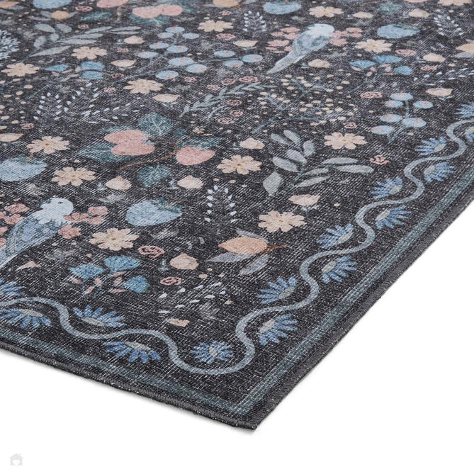 Washable Versailles H1373 Traditional Floral Border Distressed Soft Digitally Printed Lightweight Textured Polyester Flatweave Charcoal Black/Midnight Blue/Steel Blue/Powder Blue/Blush Pink Rug-Think Rugs-Rug Love - The Most Loved Rug Store