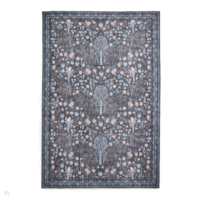 Washable Versailles H1373 Traditional Floral Border Distressed Soft Digitally Printed Lightweight Textured Polyester Flatweave Charcoal Black/Midnight Blue/Steel Blue/Powder Blue/Blush Pink Rug-Think Rugs-Rug Love - The Most Loved Rug Store