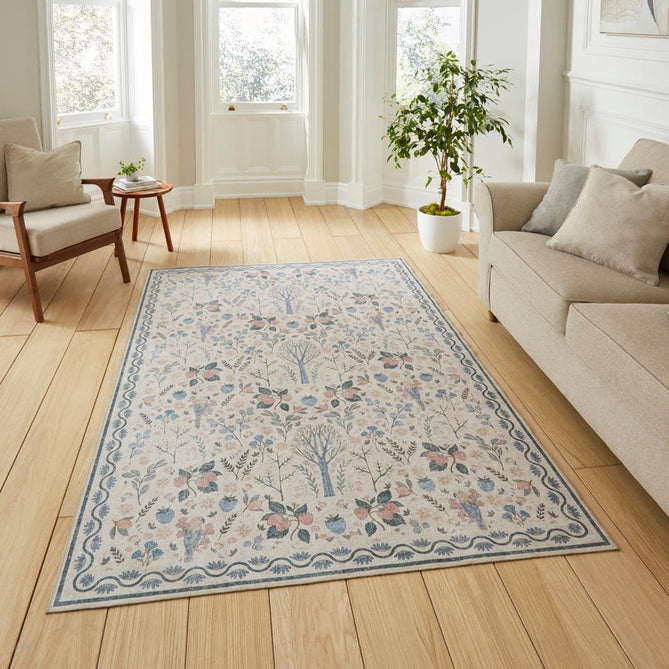 Washable Versailles H1373 Traditional Floral Border Distressed Soft Digitally Printed Lightweight Textured Polyester Flatweave Warm Beige/Navy/Sky/Soft Gold/Blush Peach Rug-Think Rugs-Rug Love - The Most Loved Rug Store
