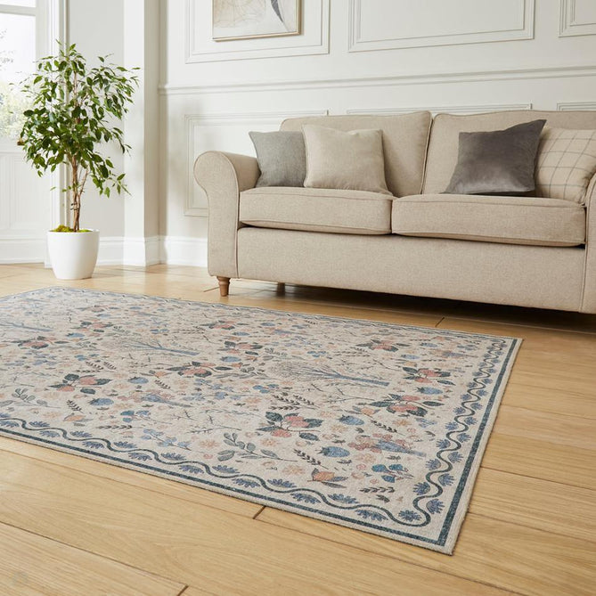 Washable Versailles H1373 Traditional Floral Border Distressed Soft Digitally Printed Lightweight Textured Polyester Flatweave Warm Beige/Navy/Sky/Soft Gold/Blush Peach Rug-Think Rugs-Rug Love - The Most Loved Rug Store