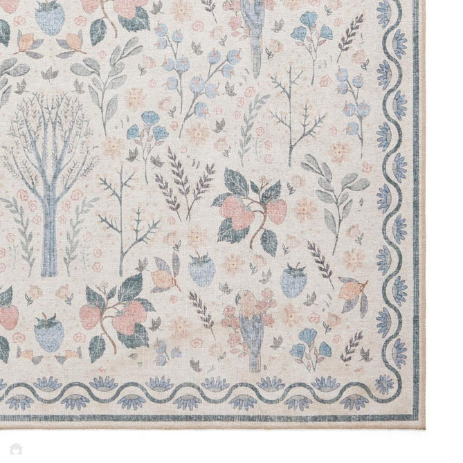 Washable Versailles H1373 Traditional Floral Border Distressed Soft Digitally Printed Lightweight Textured Polyester Flatweave Warm Beige/Navy/Sky/Soft Gold/Blush Peach Rug-Think Rugs-Rug Love - The Most Loved Rug Store