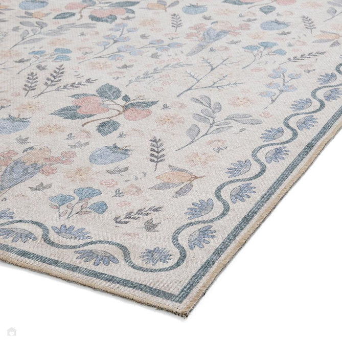 Washable Versailles H1373 Traditional Floral Border Distressed Soft Digitally Printed Lightweight Textured Polyester Flatweave Warm Beige/Navy/Sky/Soft Gold/Blush Peach Rug-Think Rugs-Rug Love - The Most Loved Rug Store