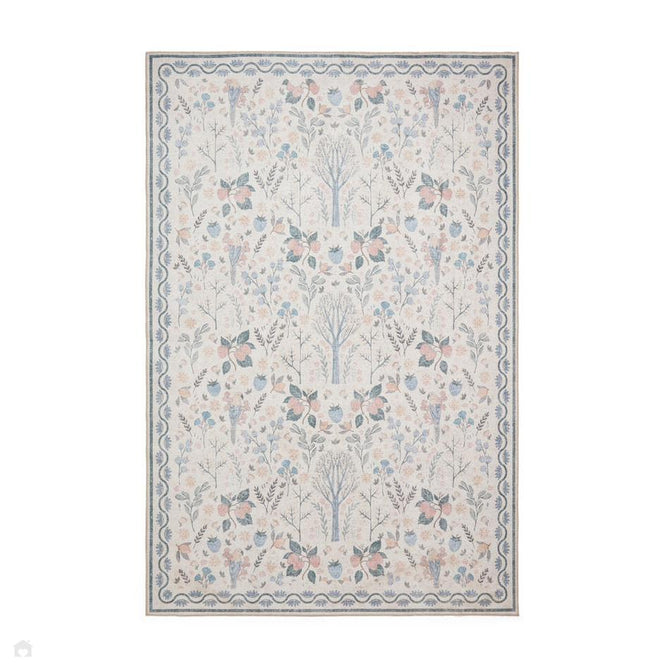Washable Versailles H1373 Traditional Floral Border Distressed Soft Digitally Printed Lightweight Textured Polyester Flatweave Warm Beige/Navy/Sky/Soft Gold/Blush Peach Rug-Think Rugs-Rug Love - The Most Loved Rug Store