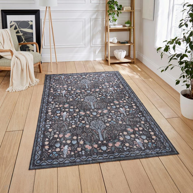 Washable Versailles H1373 Traditional Floral Distressed Border Soft Digitally Printed Lightweight Textured Polyester Flatweave Black/Blue Rug-Think Rugs-Rug Love - The Most Loved Rug Store
