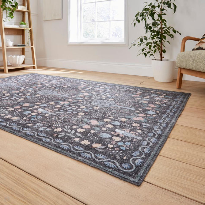 Washable Versailles H1373 Traditional Floral Distressed Border Soft Digitally Printed Lightweight Textured Polyester Flatweave Black/Blue Rug-Think Rugs-Rug Love - The Most Loved Rug Store