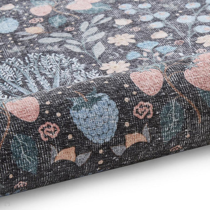 Washable Versailles H1373 Traditional Floral Distressed Border Soft Digitally Printed Lightweight Textured Polyester Flatweave Black/Blue Rug-Think Rugs-Rug Love - The Most Loved Rug Store