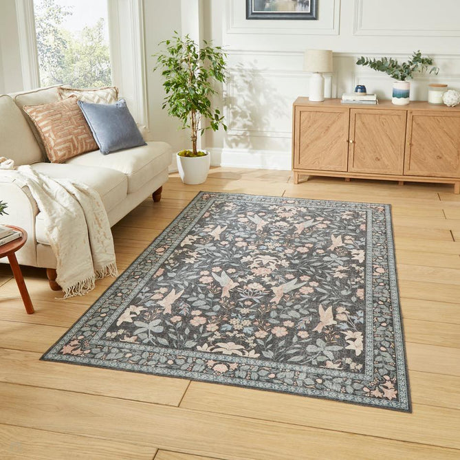Washable Versailles H1423 Traditional Floral Border Distressed Soft Digitally Printed Lightweight Textured Polyester Flatweave Deep Dark Charcoal Blue/Steel Blue/Soft Blush Pink/Pale Peach Rug-Think Rugs-Rug Love - The Most Loved Rug Store