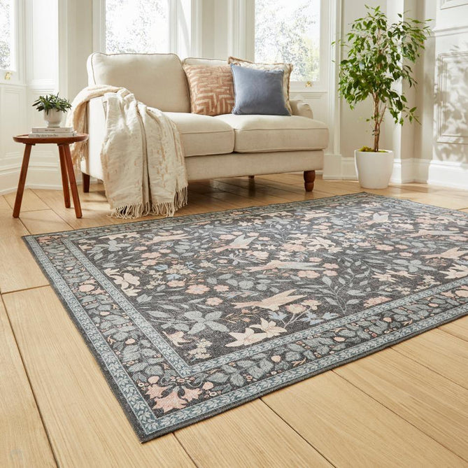 Washable Versailles H1423 Traditional Floral Border Distressed Soft Digitally Printed Lightweight Textured Polyester Flatweave Deep Dark Charcoal Blue/Steel Blue/Soft Blush Pink/Pale Peach Rug-Think Rugs-Rug Love - The Most Loved Rug Store