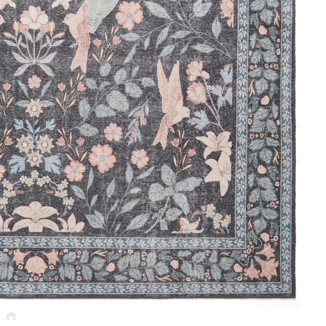 Washable Versailles H1423 Traditional Floral Border Distressed Soft Digitally Printed Lightweight Textured Polyester Flatweave Deep Dark Charcoal Blue/Steel Blue/Soft Blush Pink/Pale Peach Rug-Think Rugs-Rug Love - The Most Loved Rug Store