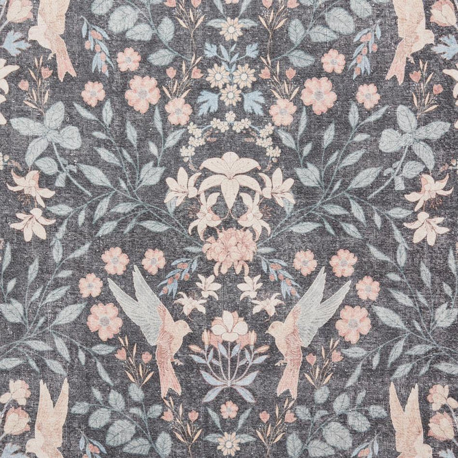 Washable Versailles H1423 Traditional Floral Border Distressed Soft Digitally Printed Lightweight Textured Polyester Flatweave Deep Dark Charcoal Blue/Steel Blue/Soft Blush Pink/Pale Peach Rug-Think Rugs-Rug Love - The Most Loved Rug Store