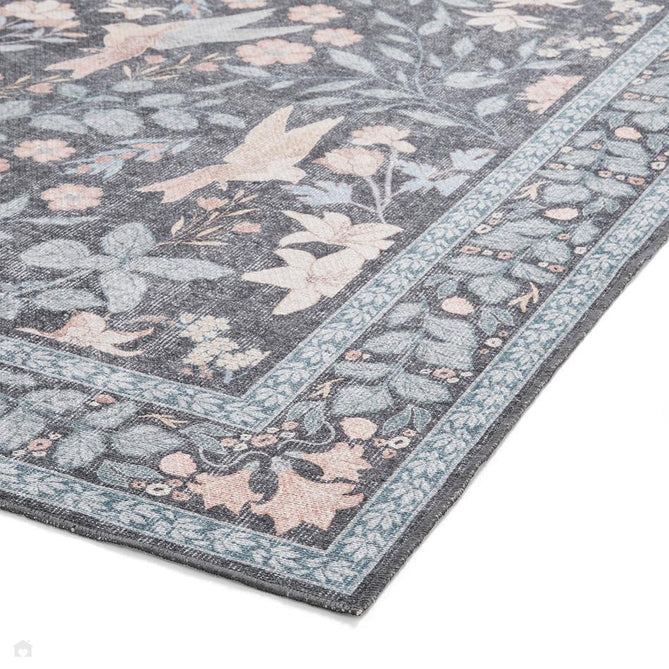 Washable Versailles H1423 Traditional Floral Border Distressed Soft Digitally Printed Lightweight Textured Polyester Flatweave Deep Dark Charcoal Blue/Steel Blue/Soft Blush Pink/Pale Peach Rug-Think Rugs-Rug Love - The Most Loved Rug Store