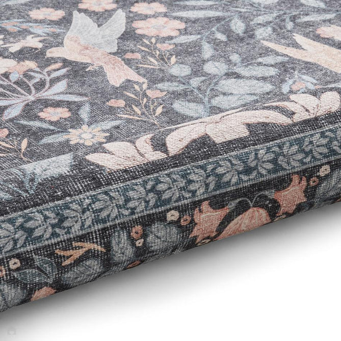 Washable Versailles H1423 Traditional Floral Border Distressed Soft Digitally Printed Lightweight Textured Polyester Flatweave Deep Dark Charcoal Blue/Steel Blue/Soft Blush Pink/Pale Peach Rug-Think Rugs-Rug Love - The Most Loved Rug Store