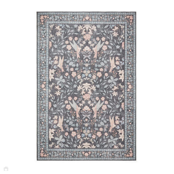 Washable Versailles H1423 Traditional Floral Border Distressed Soft Digitally Printed Lightweight Textured Polyester Flatweave Deep Dark Charcoal Blue/Steel Blue/Soft Blush Pink/Pale Peach Rug-Think Rugs-Rug Love - The Most Loved Rug Store
