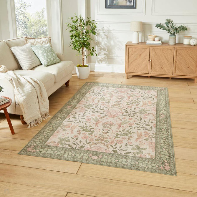 Washable Versailles H1423 Traditional Floral Border Distressed Soft Digitally Printed Lightweight Textured Polyester Flatweave Light Beige/Sage Green/Warm Rose Rug-Think Rugs-Rug Love - The Most Loved Rug Store