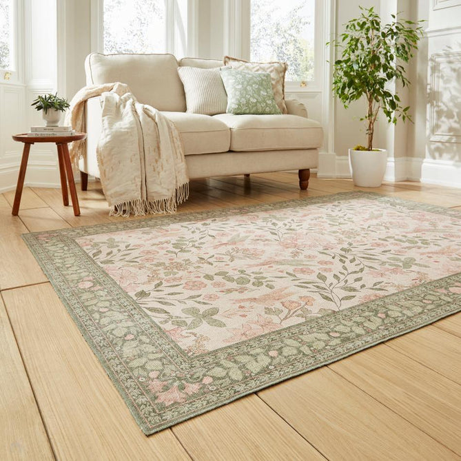 Washable Versailles H1423 Traditional Floral Border Distressed Soft Digitally Printed Lightweight Textured Polyester Flatweave Light Beige/Sage Green/Warm Rose Rug-Think Rugs-Rug Love - The Most Loved Rug Store