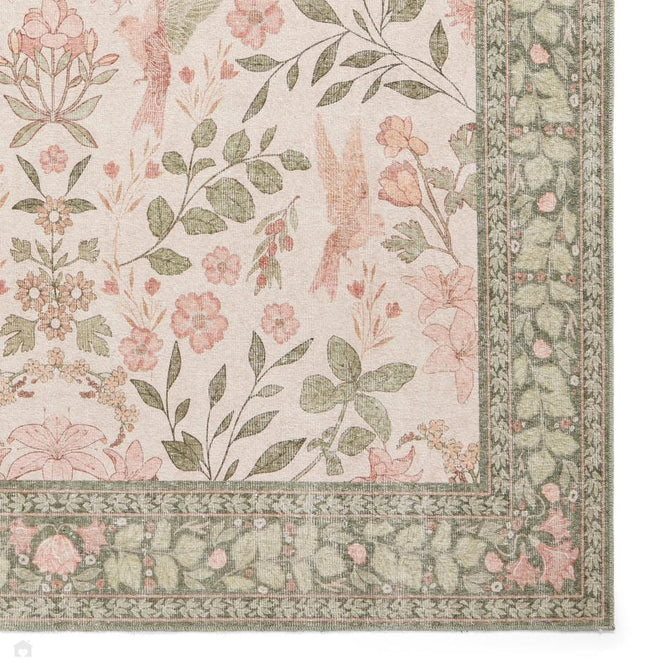 Washable Versailles H1423 Traditional Floral Border Distressed Soft Digitally Printed Lightweight Textured Polyester Flatweave Light Beige/Sage Green/Warm Rose Rug-Think Rugs-Rug Love - The Most Loved Rug Store