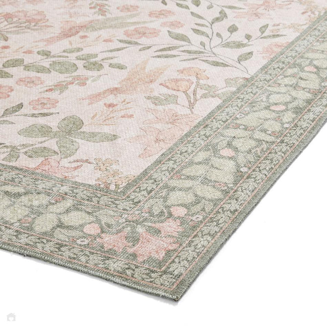 Washable Versailles H1423 Traditional Floral Border Distressed Soft Digitally Printed Lightweight Textured Polyester Flatweave Light Beige/Sage Green/Warm Rose Rug-Think Rugs-Rug Love - The Most Loved Rug Store