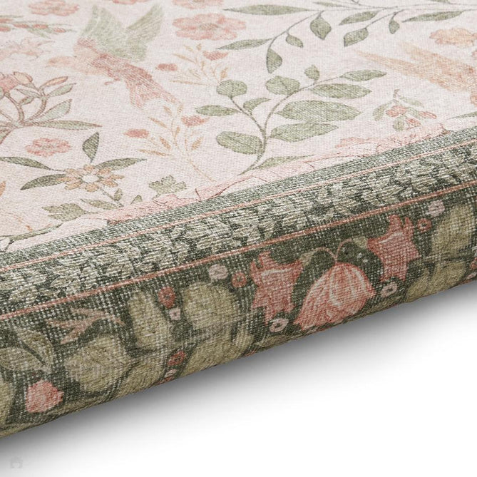 Washable Versailles H1423 Traditional Floral Border Distressed Soft Digitally Printed Lightweight Textured Polyester Flatweave Light Beige/Sage Green/Warm Rose Rug-Think Rugs-Rug Love - The Most Loved Rug Store