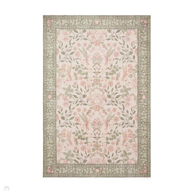 Washable Versailles H1423 Traditional Floral Border Distressed Soft Digitally Printed Lightweight Textured Polyester Flatweave Light Beige/Sage Green/Warm Rose Rug-Think Rugs-Rug Love - The Most Loved Rug Store