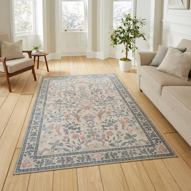 Washable Versailles H1423 Traditional Floral Border Distressed Soft Digitally Printed Lightweight Textured Polyester Flatweave Soft Beige/Powder Blue/Blush Pink Rug-Think Rugs-Rug Love - The Most Loved Rug Store
