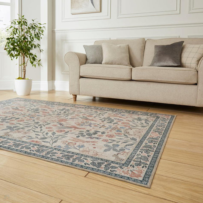 Washable Versailles H1423 Traditional Floral Border Distressed Soft Digitally Printed Lightweight Textured Polyester Flatweave Soft Beige/Powder Blue/Blush Pink Rug-Think Rugs-Rug Love - The Most Loved Rug Store