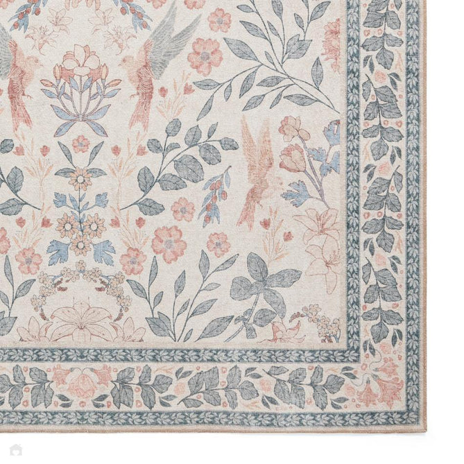 Washable Versailles H1423 Traditional Floral Border Distressed Soft Digitally Printed Lightweight Textured Polyester Flatweave Soft Beige/Powder Blue/Blush Pink Rug-Think Rugs-Rug Love - The Most Loved Rug Store