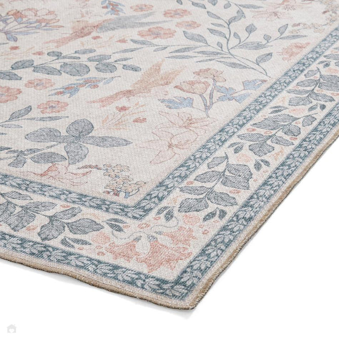 Washable Versailles H1423 Traditional Floral Border Distressed Soft Digitally Printed Lightweight Textured Polyester Flatweave Soft Beige/Powder Blue/Blush Pink Rug-Think Rugs-Rug Love - The Most Loved Rug Store