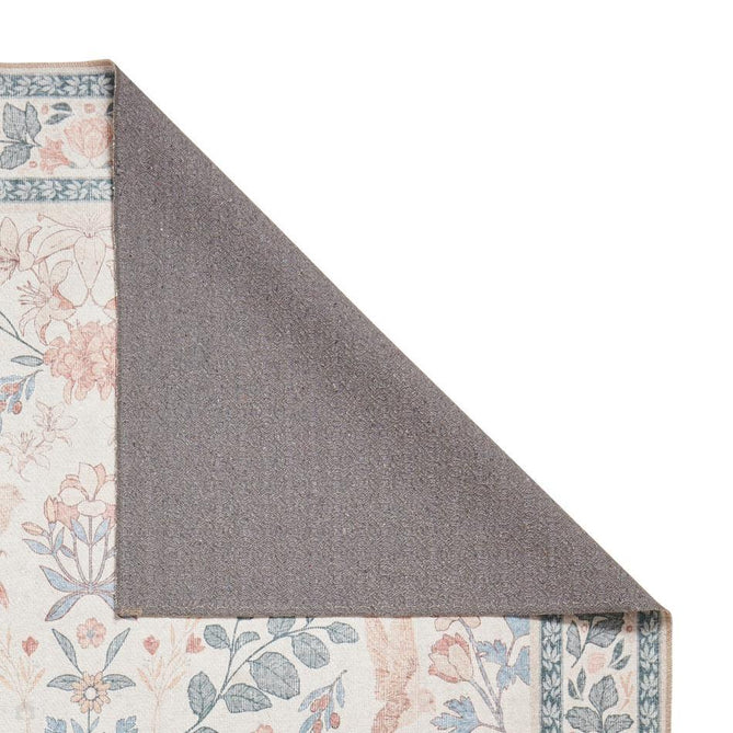 Washable Versailles H1423 Traditional Floral Border Distressed Soft Digitally Printed Lightweight Textured Polyester Flatweave Soft Beige/Powder Blue/Blush Pink Rug-Think Rugs-Rug Love - The Most Loved Rug Store