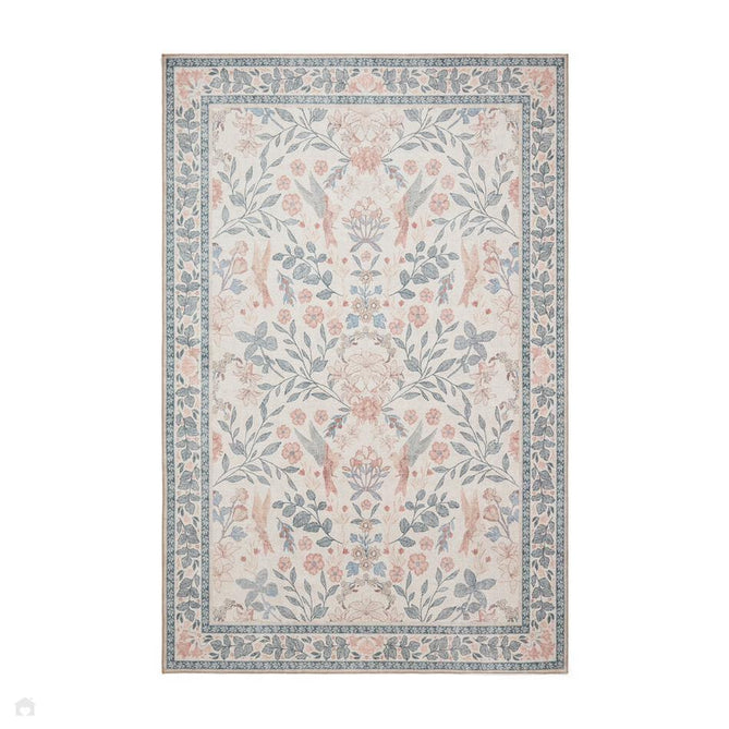Washable Versailles H1423 Traditional Floral Border Distressed Soft Digitally Printed Lightweight Textured Polyester Flatweave Soft Beige/Powder Blue/Blush Pink Rug-Think Rugs-Rug Love - The Most Loved Rug Store