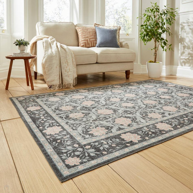 Washable Versailles H1424 Traditional Floral Border Distressed Soft Digitally Printed Lightweight Textured Polyester Flatweave Deep Dark Charcoal Blue/Slate Grey-Blue/Soft Blush Pink Rug-Think Rugs-Rug Love - The Most Loved Rug Store