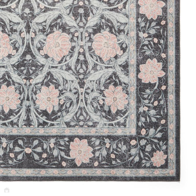 Washable Versailles H1424 Traditional Floral Border Distressed Soft Digitally Printed Lightweight Textured Polyester Flatweave Deep Dark Charcoal Blue/Slate Grey-Blue/Soft Blush Pink Rug-Think Rugs-Rug Love - The Most Loved Rug Store