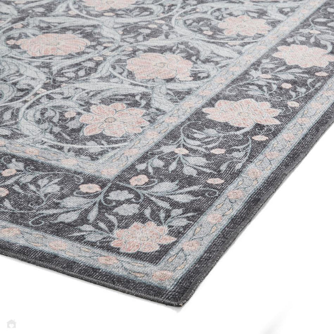 Washable Versailles H1424 Traditional Floral Border Distressed Soft Digitally Printed Lightweight Textured Polyester Flatweave Deep Dark Charcoal Blue/Slate Grey-Blue/Soft Blush Pink Rug-Think Rugs-Rug Love - The Most Loved Rug Store