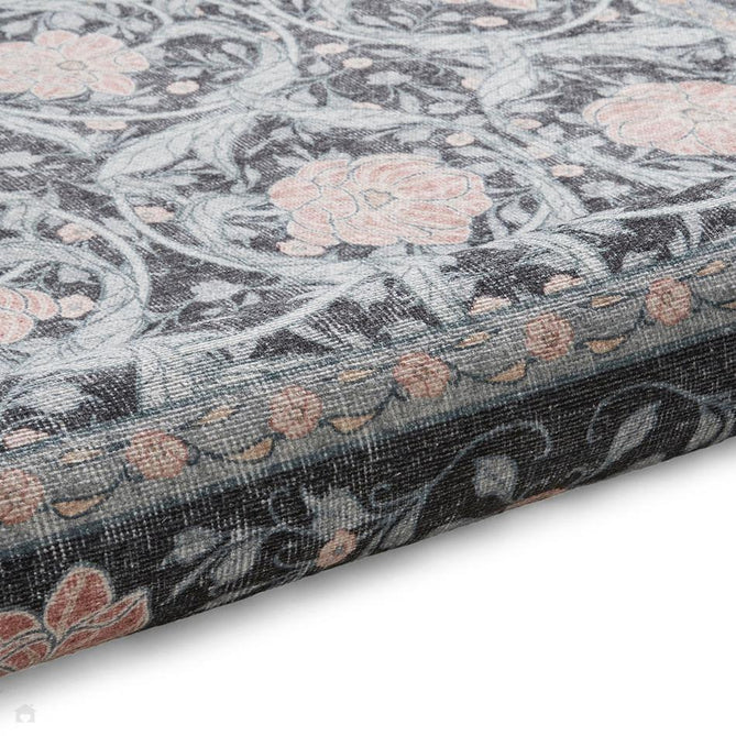 Washable Versailles H1424 Traditional Floral Border Distressed Soft Digitally Printed Lightweight Textured Polyester Flatweave Deep Dark Charcoal Blue/Slate Grey-Blue/Soft Blush Pink Rug-Think Rugs-Rug Love - The Most Loved Rug Store