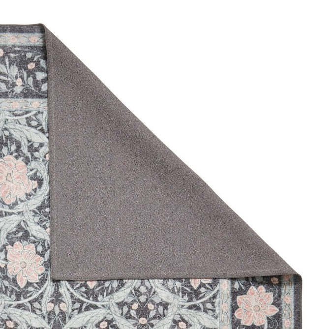 Washable Versailles H1424 Traditional Floral Border Distressed Soft Digitally Printed Lightweight Textured Polyester Flatweave Deep Dark Charcoal Blue/Slate Grey-Blue/Soft Blush Pink Rug-Think Rugs-Rug Love - The Most Loved Rug Store