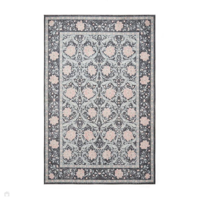 Washable Versailles H1424 Traditional Floral Border Distressed Soft Digitally Printed Lightweight Textured Polyester Flatweave Deep Dark Charcoal Blue/Slate Grey-Blue/Soft Blush Pink Rug-Think Rugs-Rug Love - The Most Loved Rug Store