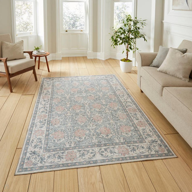 Washable Versailles H1424 Traditional Floral Border Distressed Soft Digitally Printed Lightweight Textured Polyester Flatweave Warm Beige/Muted Blue-Grey/Powder Blue/Blush Pink Rug-Think Rugs-Rug Love - The Most Loved Rug Store