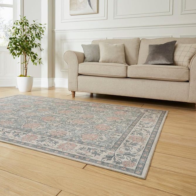 Washable Versailles H1424 Traditional Floral Border Distressed Soft Digitally Printed Lightweight Textured Polyester Flatweave Warm Beige/Muted Blue-Grey/Powder Blue/Blush Pink Rug-Think Rugs-Rug Love - The Most Loved Rug Store